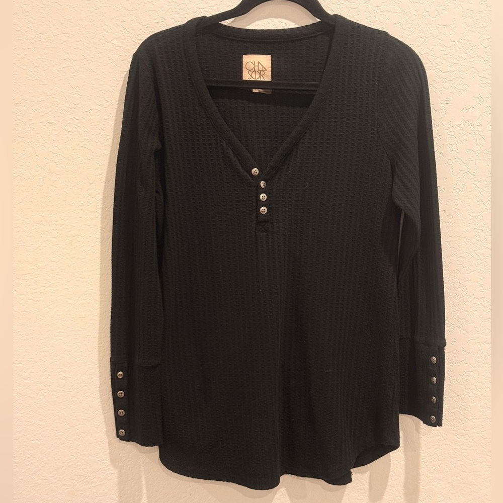 Chaser Black Waffle Knit Long Sleeve Henley